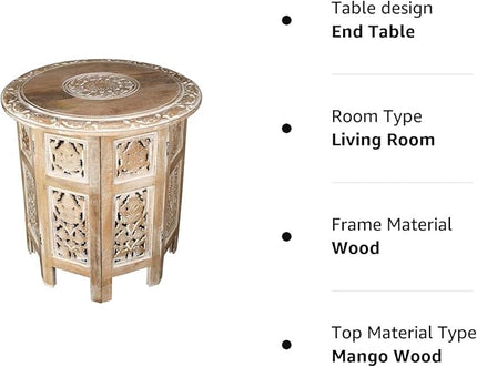 Hand Crafted Solid Wood Accent Table, Side Table, Entryway Table, Wooden End Table, Octagonal Wooden Table - 18 Inch Round Top x 18 Inch High - White - LeafyLoom
