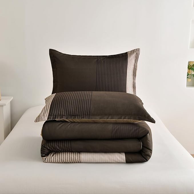 Brown Comforter Set King, Reversible Brown Striped Down Alternative Comforter for King Bed,3 Pieces (1 Comforter+2 Pillowcases), Soft Microfiber Bedding Duvet Set 104"×90" - LeafyLoom