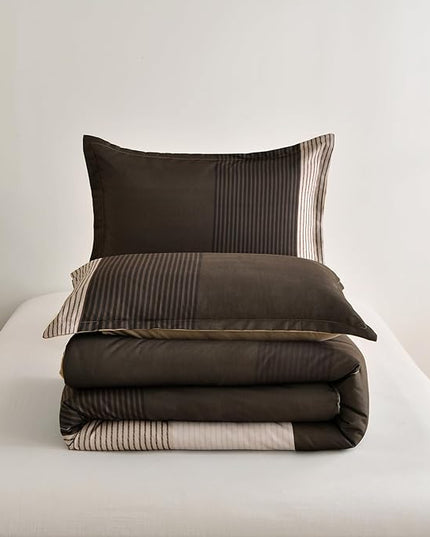 Brown Comforter Set Queen, Reversible Brown Striped Down Alternative Comforter for Queen Bed,3 Pieces (1 Comforter+2 Pillowcases), Soft Microfiber Bedding Duvet Set 90"×90" - LeafyLoom