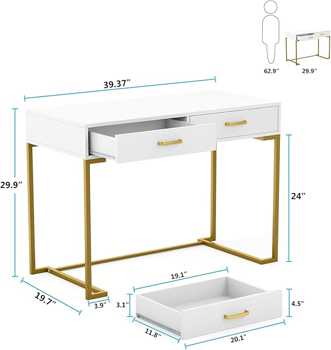 Tribesigns 40 Inch Computer Desk, White and Gold Desk with 2 Drawers, Modern Simple Home Office Desk, Gold Writing Desk Study Table for Bedroom, Modern Makeup Vanity Desk for Small Spaces - LeafyLoom