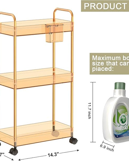 SPACEKEEPER 3 Tier Utility Storage Cart Rolling Bathroom Organizer, Transparency Mobile Shelving Unit Clear Rolling Utility Cart Multifunction, Amber - LeafyLoom