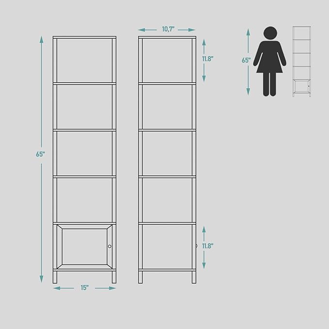 TUTOTAK 6 Tier Bookcase and Bookshelf, Narrow Book shelf with Door for Small Space, for Living Room, Office, Study, Entryway, Greige BS03BG006 - LeafyLoom