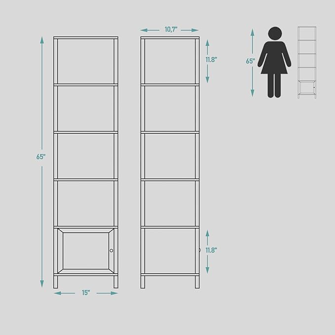 TUTOTAK 6 Tier Bookcase and Bookshelf, Narrow Book shelf with Door for Small Space, for Living Room, Office, Study, Entryway, Black BS03BK006 - LeafyLoom