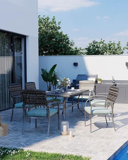 Pamapic Patio Dining Set, 7 Piece, Outdoor Wicker Furniture Set for Backyard Garden Deck Poolside/Iron Slats Table Top, Removable Cushion, Green - LeafyLoom