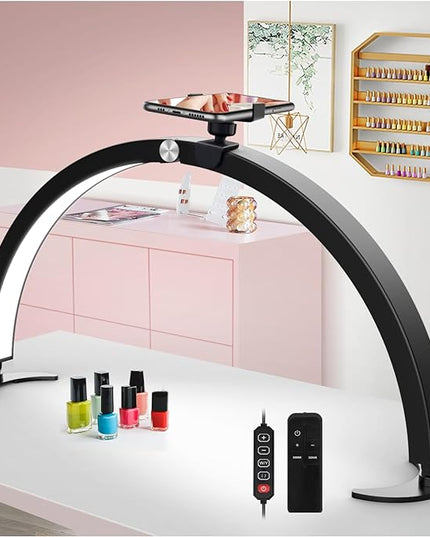 yAyusi Half Moon Light for Nail Desk with Phone Holder, 29In 40W Nail Tech Light, Nail Table Lamp with Wire Controller & Remote, 7 Color Modes, 10 Brightness for Beauty/Eyelashes/Tattoos/Crafts - LeafyLoom
