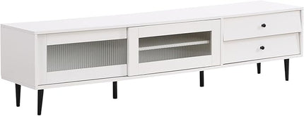 Merax Chic Elegant Design TV Stand with Sliding Fluted Glass Doors and Ample Space, Slanted Drawers Media Console for Televisions Up to 75", Modern Storage Cabinet, 70.86 inch Length, White - LeafyLoom