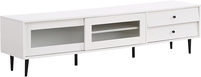 Merax Chic Elegant Design TV Stand with Sliding Fluted Glass Doors and Ample Space, Slanted Drawers Media Console for Televisions Up to 75", Modern Storage Cabinet, 70.86 inch Length, White - LeafyLoom