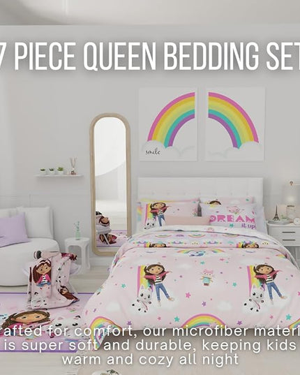 Franco Gabby's Dollhouse Kids Bedding Super Soft Comforter and Sheet Set with Sham, 7 Queen Size, (Official Licensed Product) - LeafyLoom