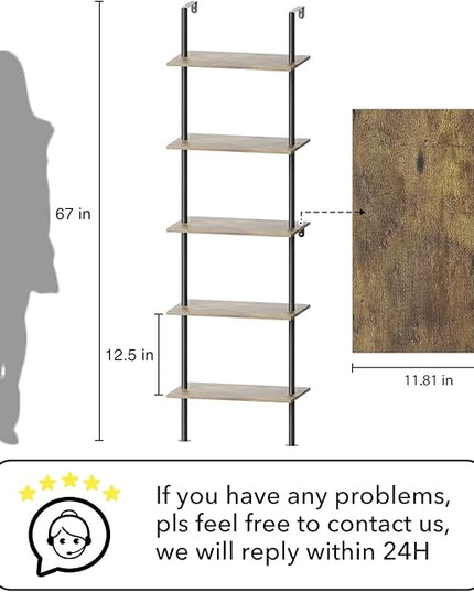 5 Tier Ladder Shelf Bookcase, Extra Sturdy Modern Bookshelf Wall Mounted, Tall Black Open Book Shelf, Standing Industrial Metal Frame with Wooden Shelves, 67“ (H) × 17(W) - LeafyLoom