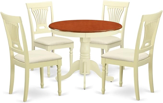 East West Furniture ANPL5-WHI-C 5 Piece Dinette Set for 4 Includes a Round Kitchen Table with Pedestal and 4 Linen Fabric Dining Room Chairs, 36x36 Inch, Buttermilk & Cherry - LeafyLoom