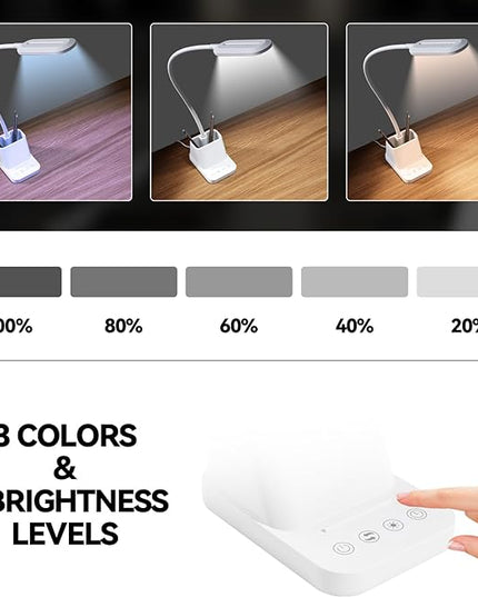 AXX White Desk Lamp, Gooseneck LED Desk Lamp for Kids - Desk Lights for Home Office - USB Charging Port, 650LM, Modern, Pen Holder - Reading Lamp for Bedroom Study Lamp for College Dorm Room - LeafyLoom
