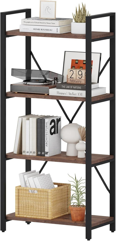 BON AUGURE Industrial 4 Tier Bookshelf, Modern Open Etagere Bookcase, Wood Metal Vintage Shelving Unit for Office Bedroom and Living Room (Rustic Oak) - LeafyLoom