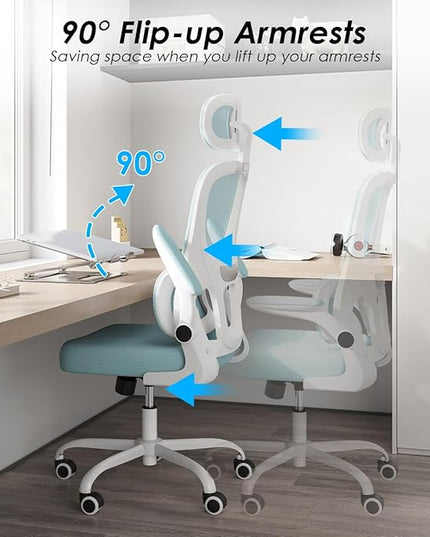 Soohow Ergonomic Home Office Chair, Mesh Desk Chair with Lumbar Support, Comfy Computer Desk Chair with Flip Armrest Rolling Wheels, Adjustable Headrest, Blue. - LeafyLoom