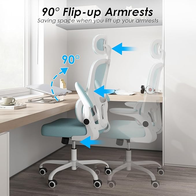 Soohow Ergonomic Home Office Chair, Mesh Desk Chair with Lumbar Support, Comfy Computer Desk Chair with Flip Armrest Rolling Wheels, Adjustable Headrest, Blue. - LeafyLoom