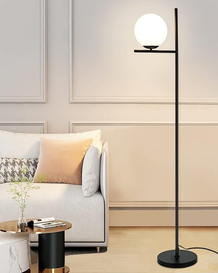 DLLT Modern LED Sphere Floor Lamp-9W Frosted Glass Globe Standing Lamps for bedroom, Energy Saving Mid Century Tall Pole Standing Accent lighting for Living Room, Office, Bedroom, Black - LeafyLoom