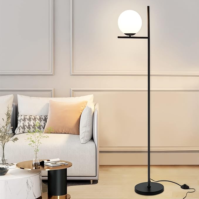 DLLT Modern LED Sphere Floor Lamp-9W Frosted Glass Globe Standing Lamps for bedroom, Energy Saving Mid Century Tall Pole Standing Accent lighting for Living Room, Office, Bedroom, Black - LeafyLoom