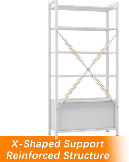 Storage Cabinet with 4 Open Shelves,1 Cupboard,White Bathroom Display Standing Shelf, White Wooden and Metal Frame Shelf for Living Room, Bathroom Bedroom, Home Office Organizer - LeafyLoom