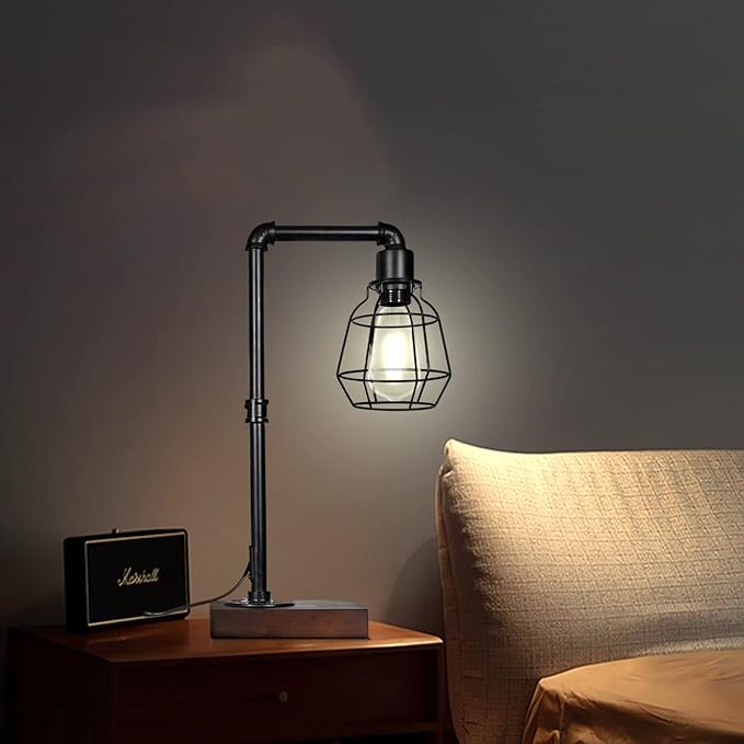CONCA Industrial Steampunk Table Lamp, Edison Bulb, Metal, A-Black, 19.6x11.7x5.35 inches, 3 lbs, E26 Base, 800 Lumen, 120V - LeafyLoom
