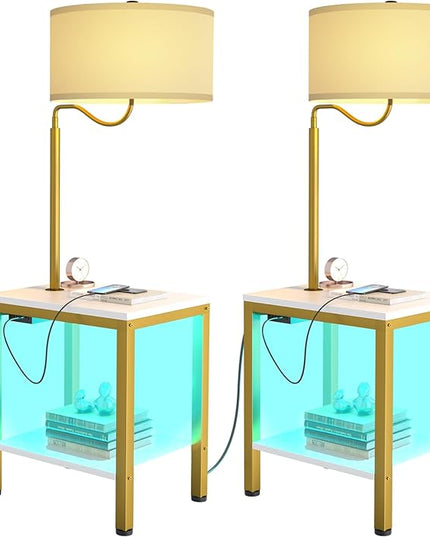 LED Floor Lamp with Table, Side Table with LED Light and Power Outlet, Nightstand with Lamp, End Table with Lamp Attached for Living Room, Bedroom, USB Ports, Bulb Included, White - LeafyLoom