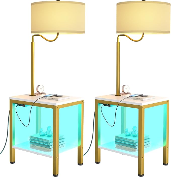 LED Floor Lamp with Table, Side Table with LED Light and Power Outlet, Nightstand with Lamp, End Table with Lamp Attached for Living Room, Bedroom, USB Ports, Bulb Included, White - LeafyLoom