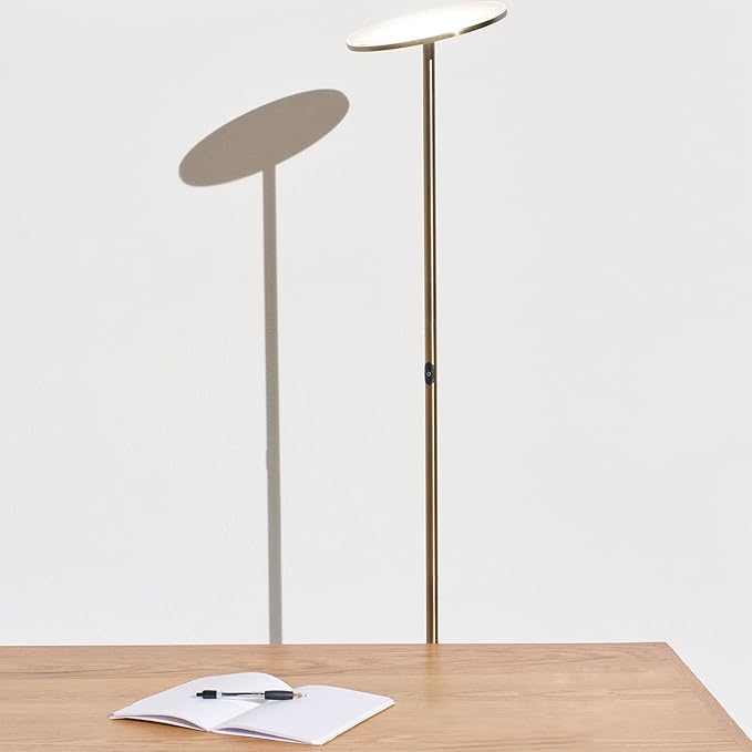 Brightech Sky LED Floor lamp for Living Rooms & Offices -Torchiere Super Bright , Dimmable, Tall Standing Lamp for Bedroom Reading - Gold Brass - LeafyLoom