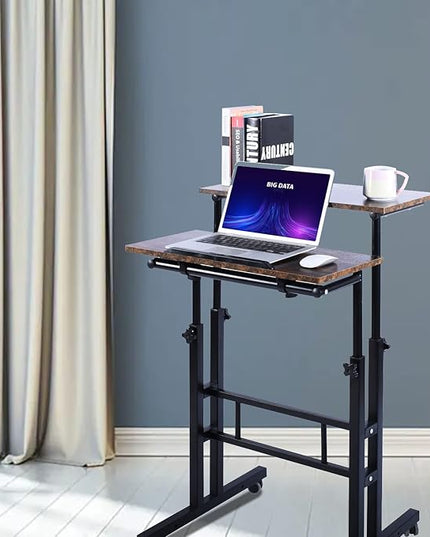 AIZ Double Adjustable Computer Desk Home Office Workstation with Rolling Wheels, Portable Laptop Table for Standing or Sitting, Adults or Children,Brown, Black & Yellow - LeafyLoom
