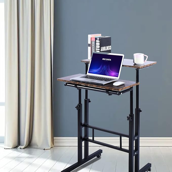 AIZ Double Adjustable Computer Desk Home Office Workstation with Rolling Wheels, Portable Laptop Table for Standing or Sitting, Adults or Children,Brown, Black & Yellow - LeafyLoom