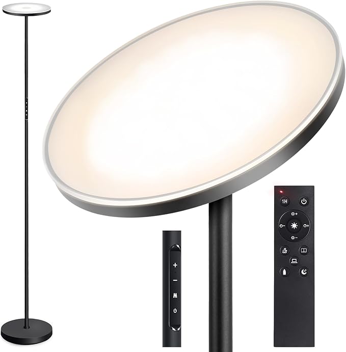 OUTON Floor Lamp, 30W/3000LM LED Modern Torchiere Sky Lamp, Super Bright Dimmable Standing Tall Lamp with 4 Color Temperatures, Remote Touch Control, 1 Hour Timer for Living Room Bedroom Office, Black - LeafyLoom