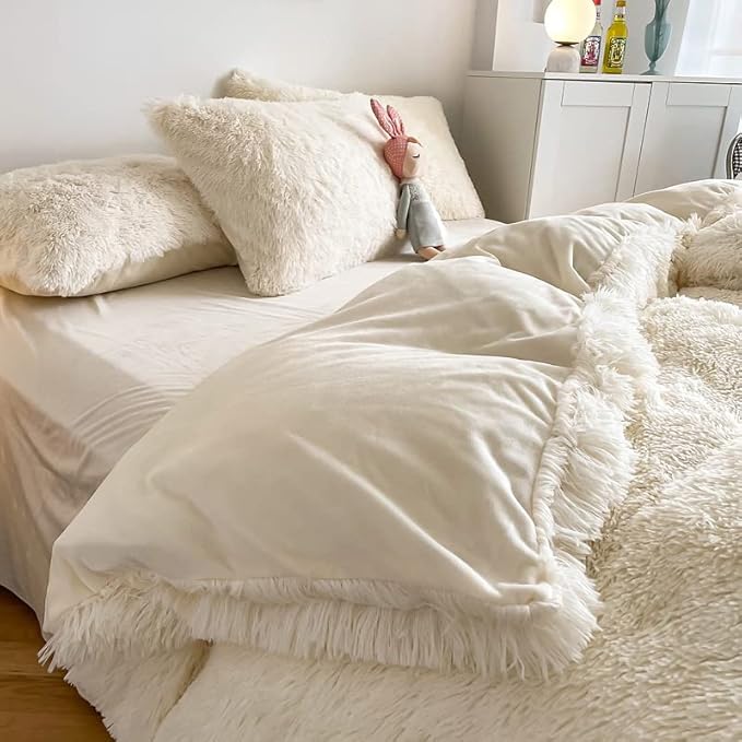 Faux Fur Kids Girls Milky White Comforter Sets Queen - 3PC Bed Set Warm Comfortable Soft Plush Flannel Velvet Fluffy Fuzzy Bedding（Comforter x 1 Pillowcases x 2） - LeafyLoom
