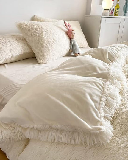 Faux Fur Kids Girls Milky White Comforter Sets King - 3PC Bed Set Warm Comfortable Soft Plush Flannel Velvet Fluffy Fuzzy Bedding（Comforter x 1 Pillowcases x 2） - LeafyLoom