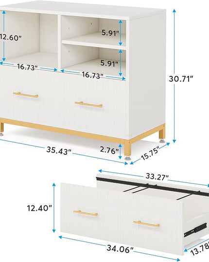 White Lateral File Cabinet with Drawer, 35.4" Modern Filing Cabinet with Adjustable Hanging Rod for Legal/Letter/A4 Size Files, Wood Printer Stand with Open Storage Spaces for Home Office - LeafyLoom