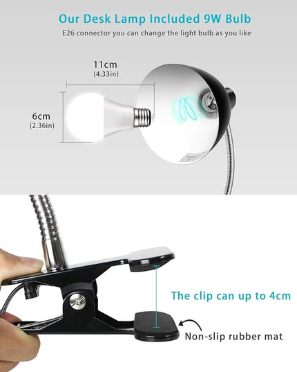 Desk lamp Eye-Caring Table Lamps, 360°Rotation Gooseneck Clip on Lamp Reading Light Portable Reading Book Light, Clamp Light, Study Desk Lamps for Bedroom and Office Home Lighting (Black) - LeafyLoom