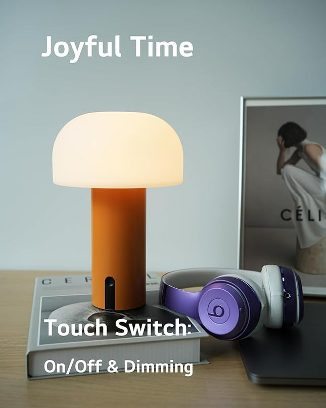 Outdoor Mushroom Table Lamp Rechargeable, Cordless Lamps for Patio Waterproof, Portable Battery Operated Lamp with USB Charging, Touch Dimming Night Light for Home/Porch/Restaurant (Orange) - LeafyLoom