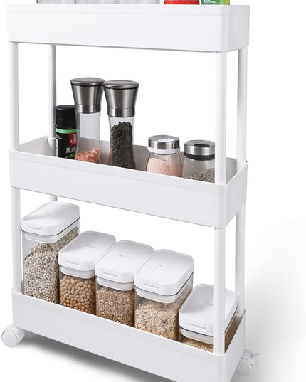 3 Tier Slim Storage Cart, Kitchen Mobile Shelving Unit Organizer, Rolling Cart with Lockable Wheels, Utility Cart for Tight Spaces on Kitchen Office Apartments Dormitory Bathroom, White - LeafyLoom
