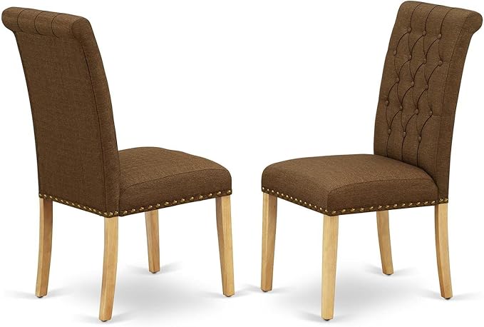 East West Furniture DLBR3-OAK-18 3 Piece Kitchen Table & Chairs Set Contains a Round Dining Table with Dropleaf and 2 Brown Linen Linen Fabric Upholstered Chairs, 42x42 Inch, Oak - LeafyLoom