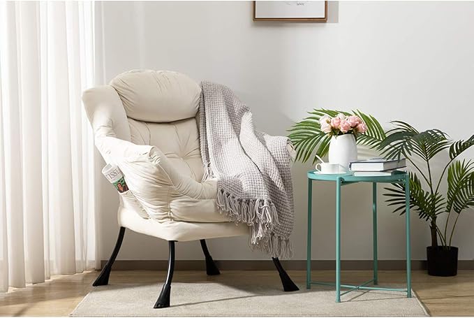 HollyHOME Modern Fabric Large Lazy Chair, Accent Oversized Comfy Reading Chair, Thick Padded Cozy Lounge Chair with Armrest, Steel Frame Leisure Sofa Chair for Living Room, Bedroom, Dorm, Beige - LeafyLoom