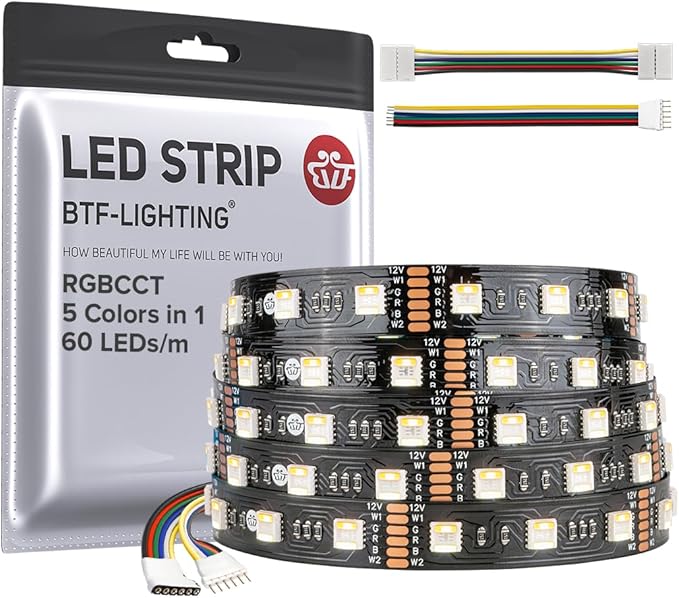 BTF-LIGHTING RGBCCT 5 Colors in 1 LED 5050SMD RGBWW RGB+Dimmable Tunable Color Temperature 2700K-6500K 16.4ft 60LEDs/m 300LEDs DC12V Multi-Colored Lights IP30 for Decoration(No Adapter or Controller) BTF-LIGHTING
