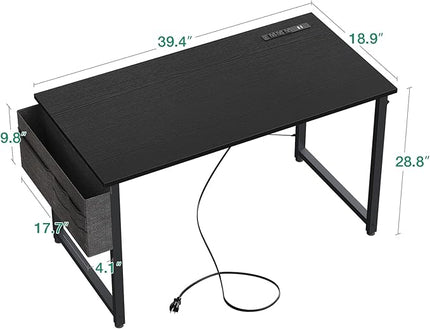 AODK 40 inch Small Computer Desk with Power Outlet for Small Spaces Home Office Student Laptop PC Writing Desks with Storage Bag Headphone Hook, Black - LeafyLoom