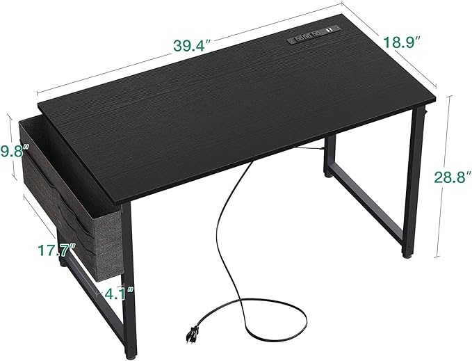 AODK 40 inch Small Computer Desk with Power Outlet for Small Spaces Home Office Student Laptop PC Writing Desks with Storage Bag Headphone Hook, Black - LeafyLoom