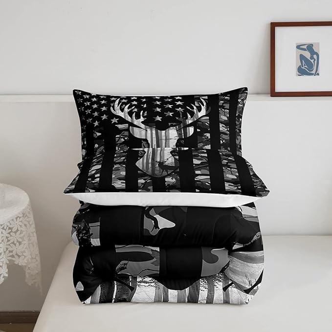 Black Grey Camo Comforter Set King Size,Camouflage American Flag Bedding Set,Deer Antlers Silhouette Down Comforter,Kids Teens Adults Bedroom Decor,Xmas Animal Rustic Duvet Insert,3Pcs,2 Pillowcases - LeafyLoom