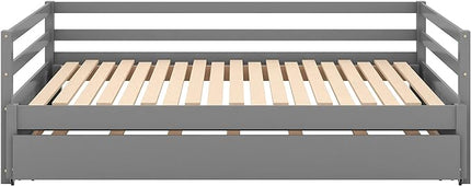 Twin or Double-Twin Daybed with Trundle,Wooden Extendable Daybed-Frame,Solid Wood Sofa Bed Designed for Bedroom/Living Room/Apartment,Hotel,Gray - LeafyLoom