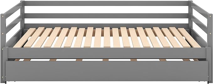 Twin or Double-Twin Daybed with Trundle,Wooden Extendable Daybed-Frame,Solid Wood Sofa Bed Designed for Bedroom/Living Room/Apartment,Hotel,Gray - LeafyLoom