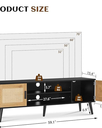 Iwell Rattan TV Stand for 70 inch TV, Entertainment Center with Adjustable Shelf & 2 Cabinets, TV Stands for Living Room, Bedroom, Natural + Black - LeafyLoom