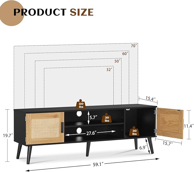 Iwell Rattan TV Stand for 70 inch TV, Entertainment Center with Adjustable Shelf & 2 Cabinets, TV Stands for Living Room, Bedroom, Natural + Black - LeafyLoom