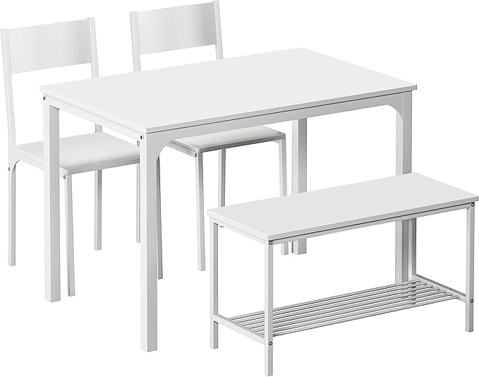 sogesfurniture 4-Piece Dining Table Set with 1 Bench and 2 Chairs, Kitchen Bench Table Set for 4, Wooden Kitchen Table and Chairs for Limited Space,White - LeafyLoom
