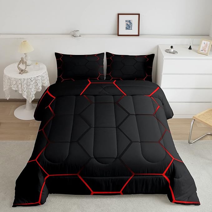 Honeycomb Bedding Set Honeycomb Modern Geometry Hexagon Theme Comforter Set for Kids Boys Children Geometrical Comforter Ultra Soft Beehive Black Red Decor Duvet Set Twin Size - LeafyLoom