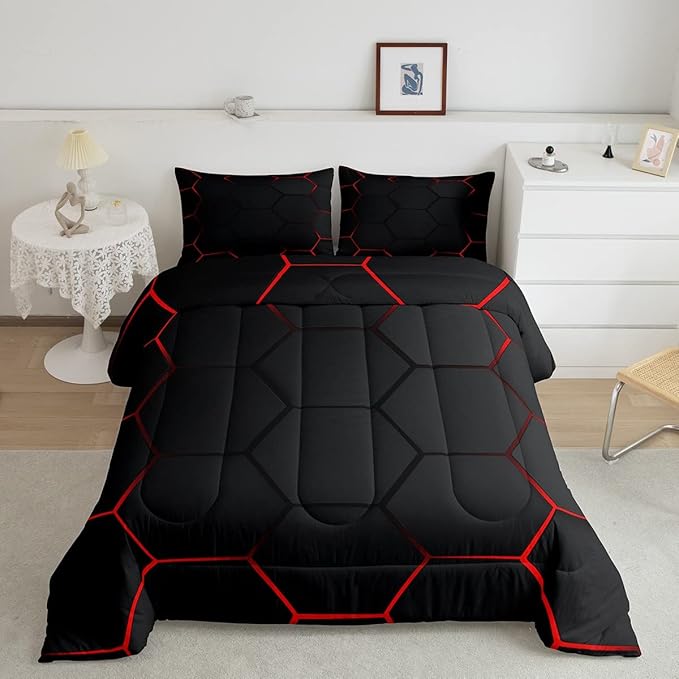 Honeycomb Bedding Set Honeycomb Modern Geometry Hexagon Theme Comforter Set for Kids Boys Children Geometrical Comforter Ultra Soft Beehive Black Red Decor Duvet Set King Size - LeafyLoom