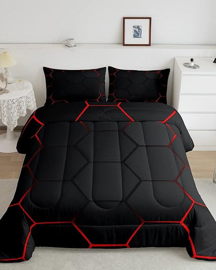 Honeycomb Bedding Set Honeycomb Modern Geometry Hexagon Theme Comforter Set for Kids Boys Children Geometrical Comforter Ultra Soft Beehive Black Red Decor Duvet Set Queen Size - LeafyLoom