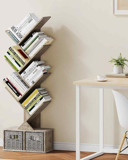Vagusicc 6 Tier Tree Bookshelf - Retro Shelf Floor Standing Bookcase with Baskets, Tall Wood Book Storage Rack for Books/CDs, Tree Utility Book Organizer Shelves for Living Room, Home Office, Bedroom - LeafyLoom