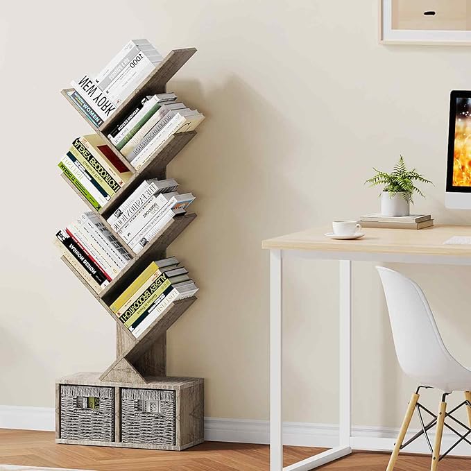 Vagusicc 6 Tier Tree Bookshelf - Retro Shelf Floor Standing Bookcase with Baskets, Tall Wood Book Storage Rack for Books/CDs, Tree Utility Book Organizer Shelves for Living Room, Home Office, Bedroom - LeafyLoom
